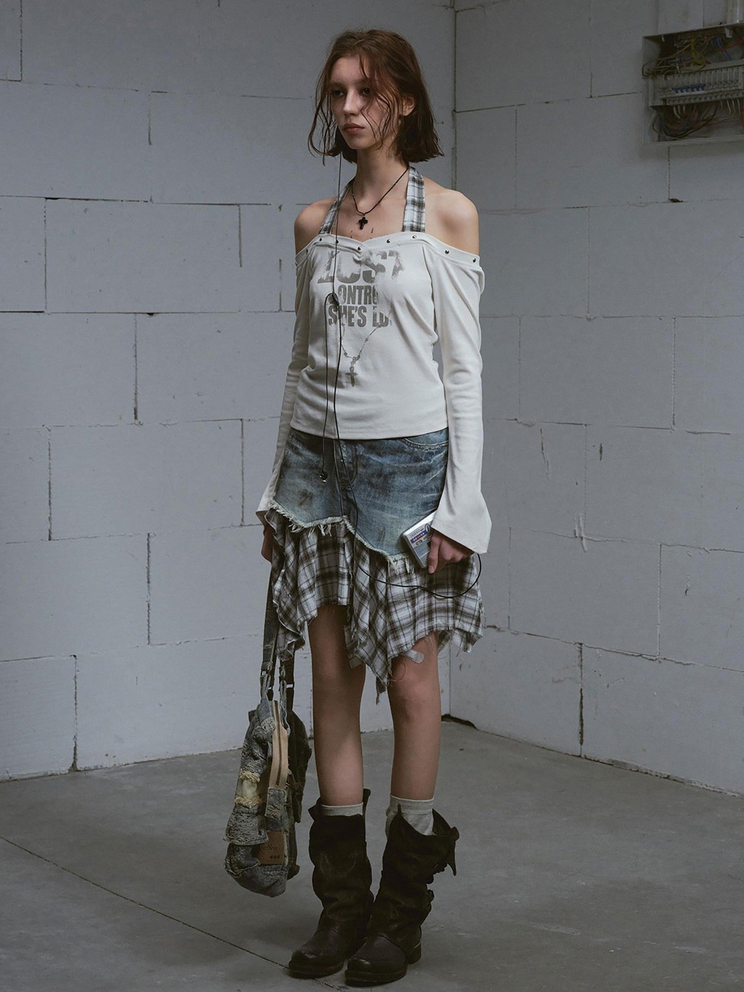 Cest Nous Washed Deconstructed Plaid Patchwork Asymmetric Women&