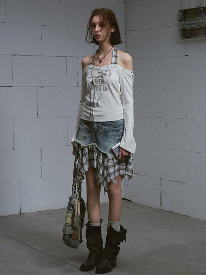 Cest Nous Washed Deconstructed Plaid Patchwork Asymmetric Women&
