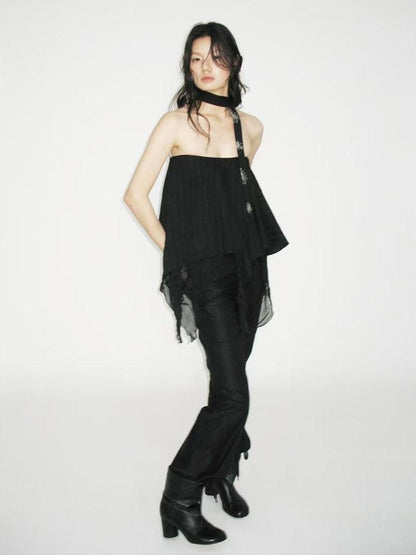 AnnoMundi Stretch Cotton Blend Slim Casual Natural Waist Women Black Straight Pants