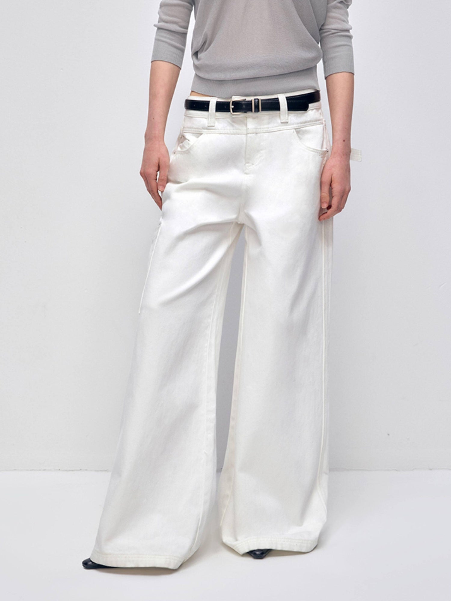 RUN TO THE FUTURE Low Rise 96 Percent Cotton Casual Loose Fit White Denim Wide-Leg Jeans
