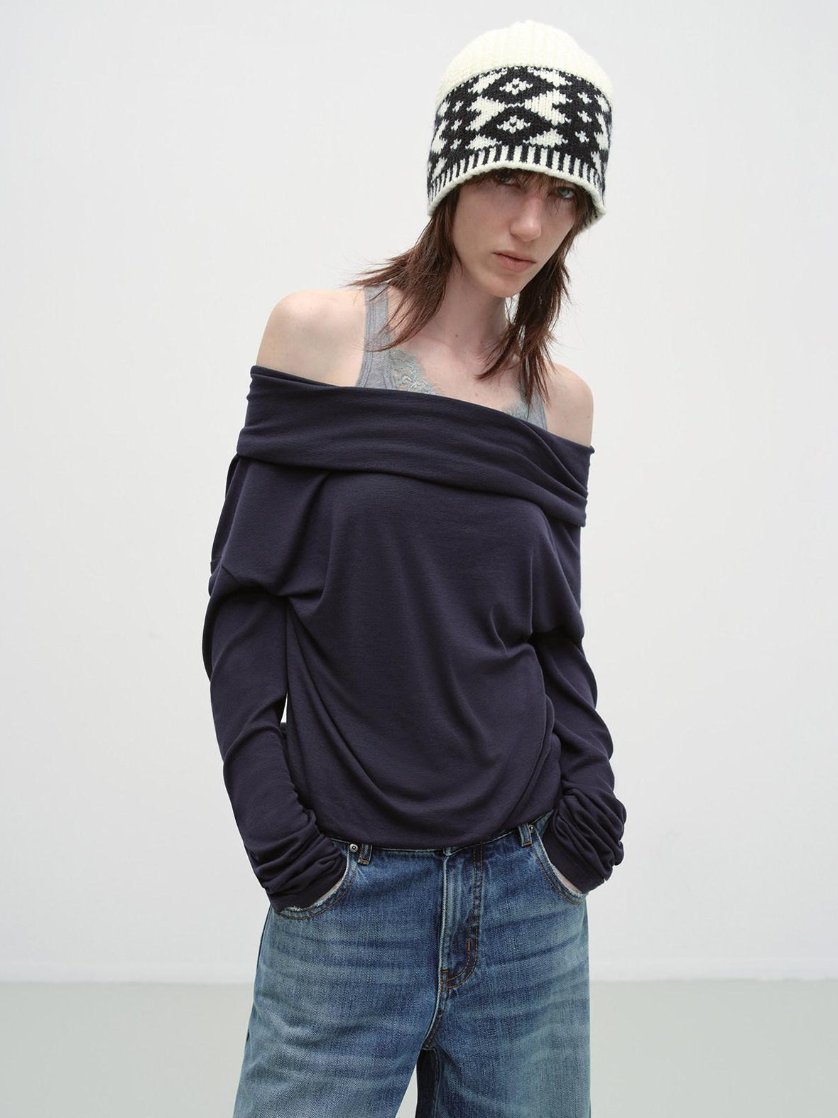 RUN TO THE FUTURE Lyocell Wool Blend Oversized Patchwork Pullover Long Sleeve T-Shirts
