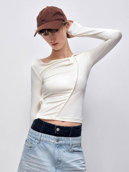 RUN TO THE FUTURE Quick Dry Modal Slim Asymmetric Neckline Cream Cropped Long Sleeve T-Shirts