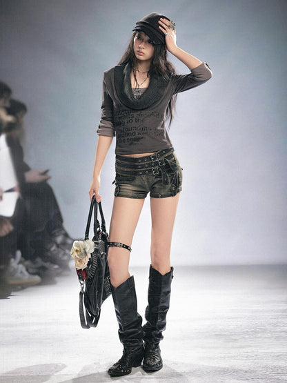 Cest Nous Punk Graffiti Print Cross Rhinestone Ripped Women&