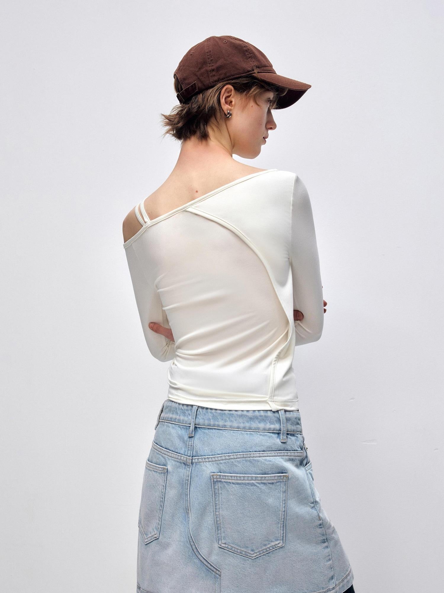 RUN TO THE FUTURE Quick Dry Modal Slim Asymmetric Neckline Cream Cropped Long Sleeve T-Shirts