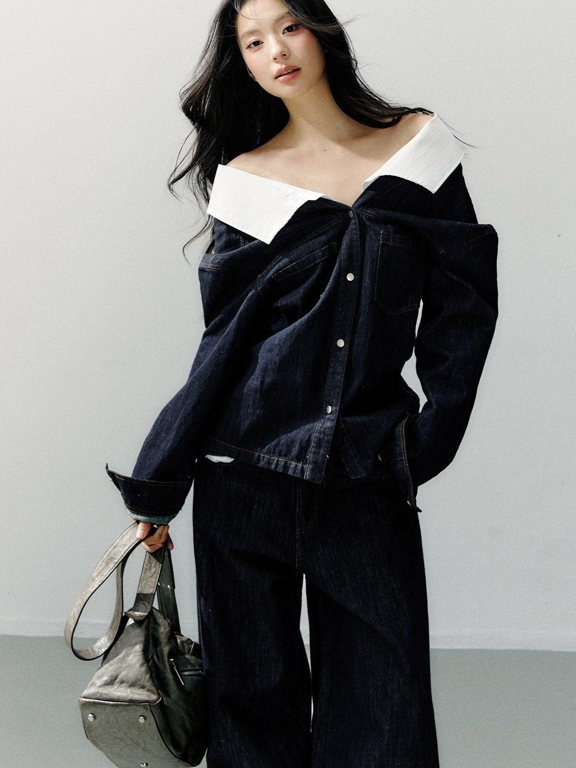 7Shiftin Cotton One Shoulder Casual Relaxed Long Sleeve Cropped Button Deep Blue Blouses