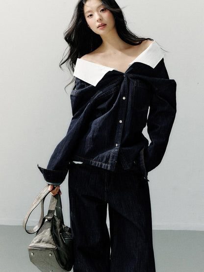 7Shiftin Cotton One Shoulder Casual Relaxed Long Sleeve Cropped Button Deep Blue Blouses