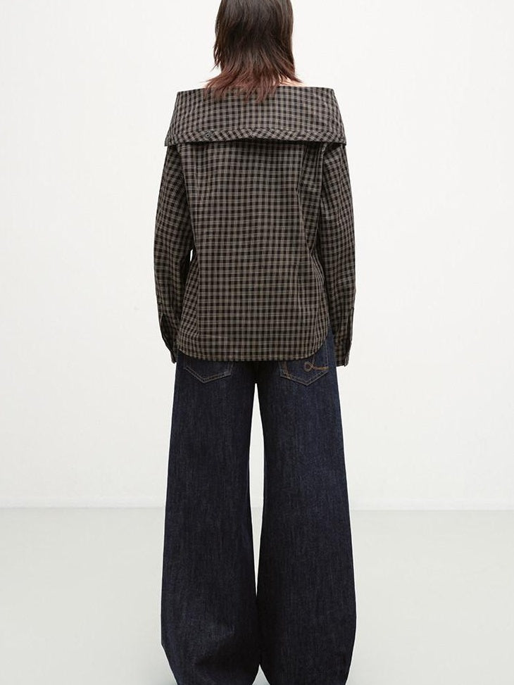 RUN TO THE FUTURE Original Design Breathable Cotton Loose Fit Plaid Bardot Womens Blouses