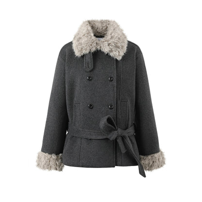 7Shiftin_Warm_Faux_Fur_Trim_Casual_Waist_Double_Breasted_Women_Deep_Gray_Short_Coat_MISSTT