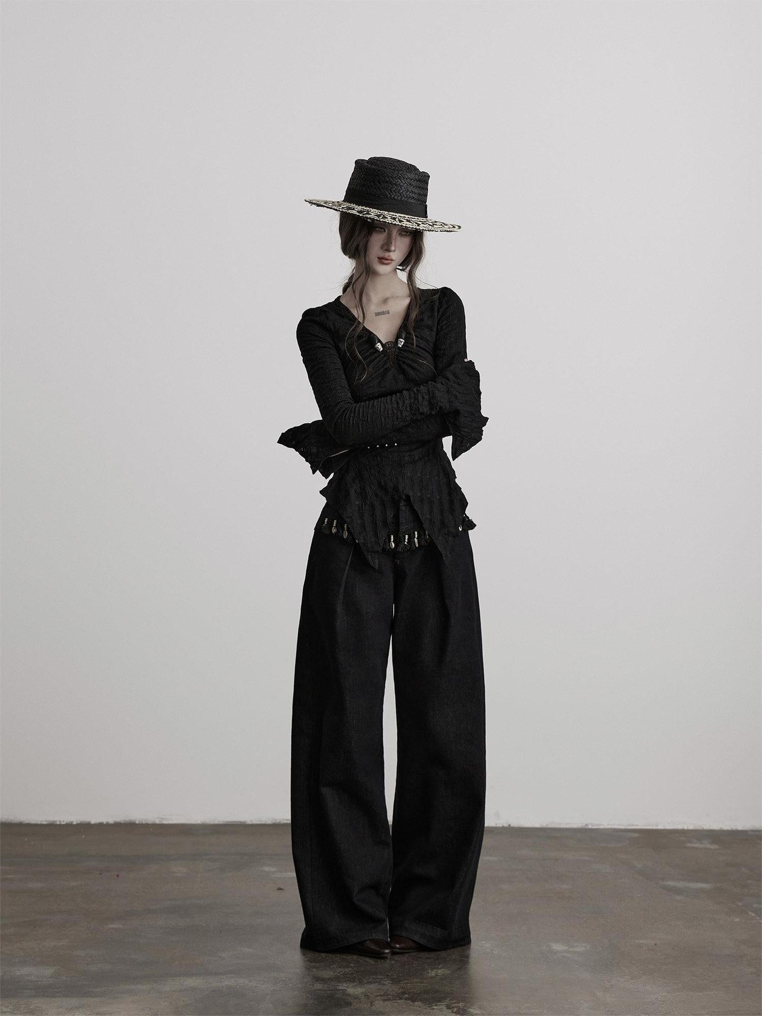 INDULGE Durable Washed Natural Waist Pockets Women Black Cotton Wide-Leg Jeans
