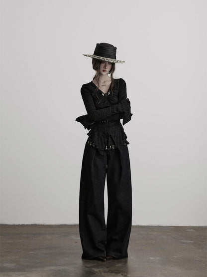 INDULGE Durable Washed Natural Waist Pockets Women Black Cotton Wide-Leg Jeans