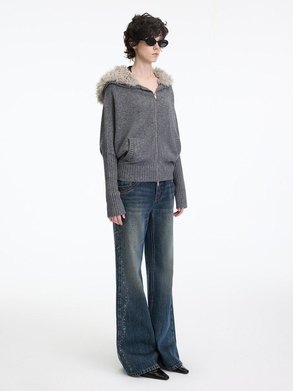 RUN TO THE FUTURE Soft Wool Blend Hooded Patchwork Vintage Loose Fit Zipper Knit Cardigans