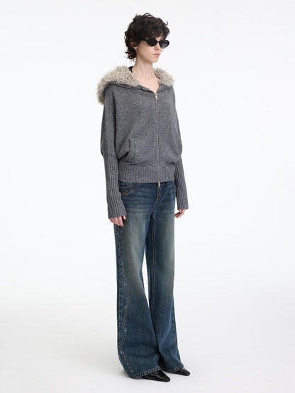 RUN TO THE FUTURE Soft Wool Blend Hooded Patchwork Vintage Loose Fit Zipper Knit Cardigans