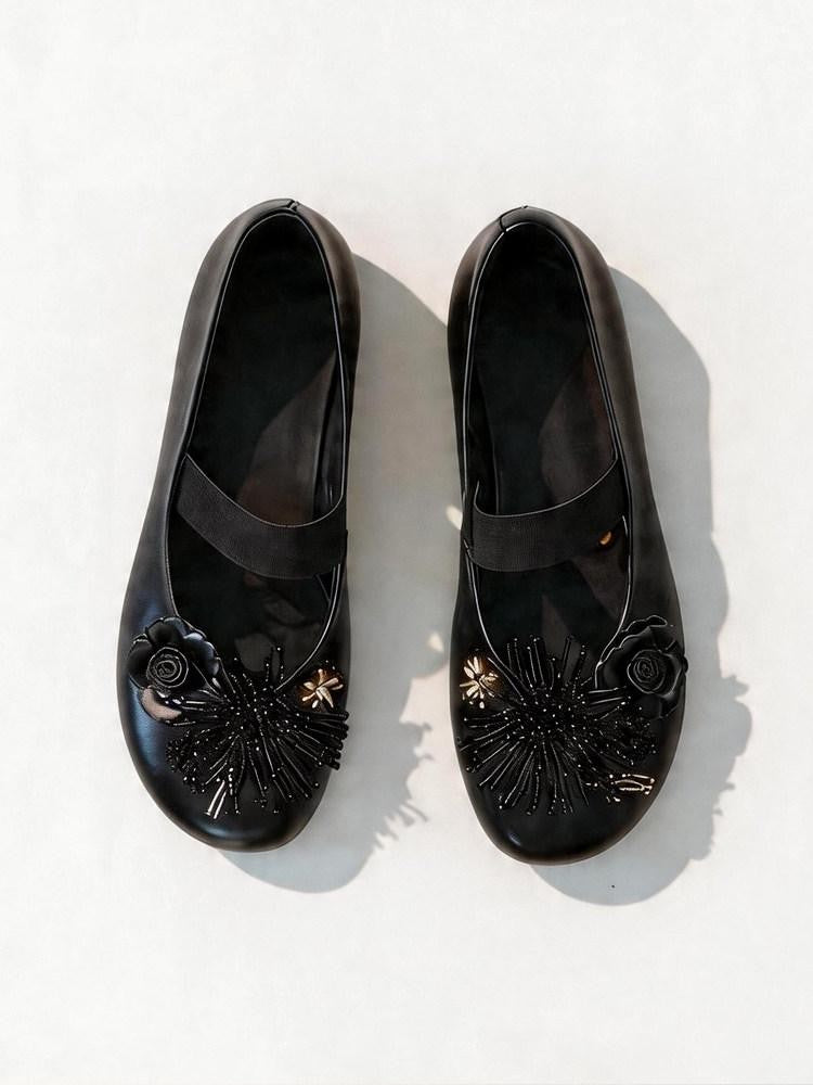 AnnoMundi Round Toe Black Floral Embellished One Strap Women&