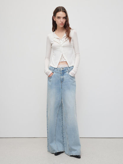RUN TO THE FUTURE Light Blue Casual Loose Natural Waist Button Fly No Stretch Women Wide-Leg Jeans