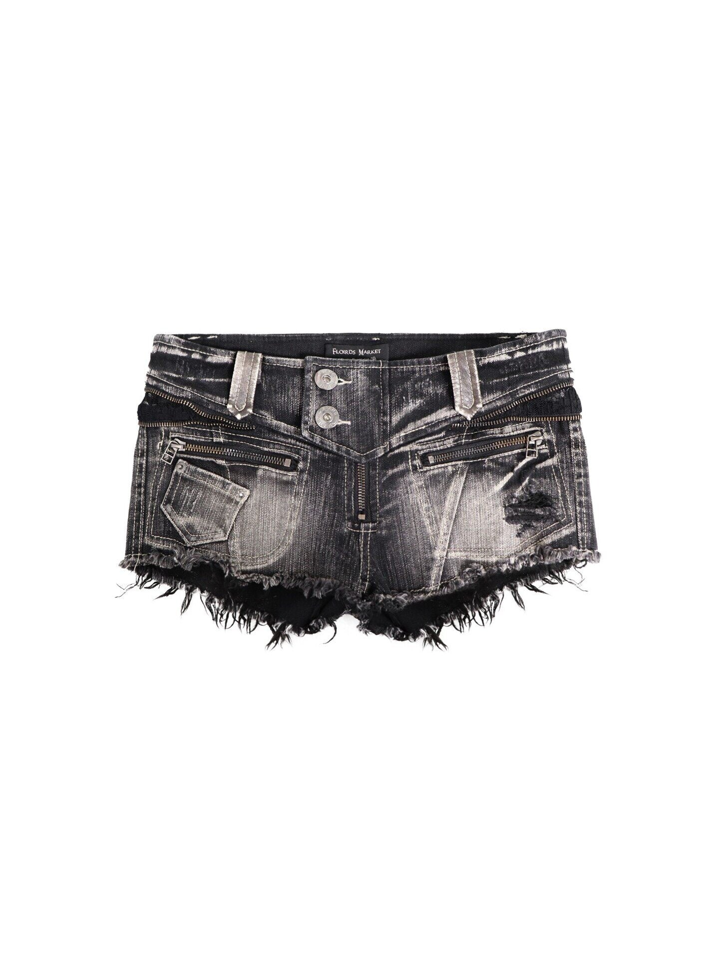 Flowers birds Market Washed Slim Fit Casual Denim Black Women Slight Stretch Low-Rise Shorts