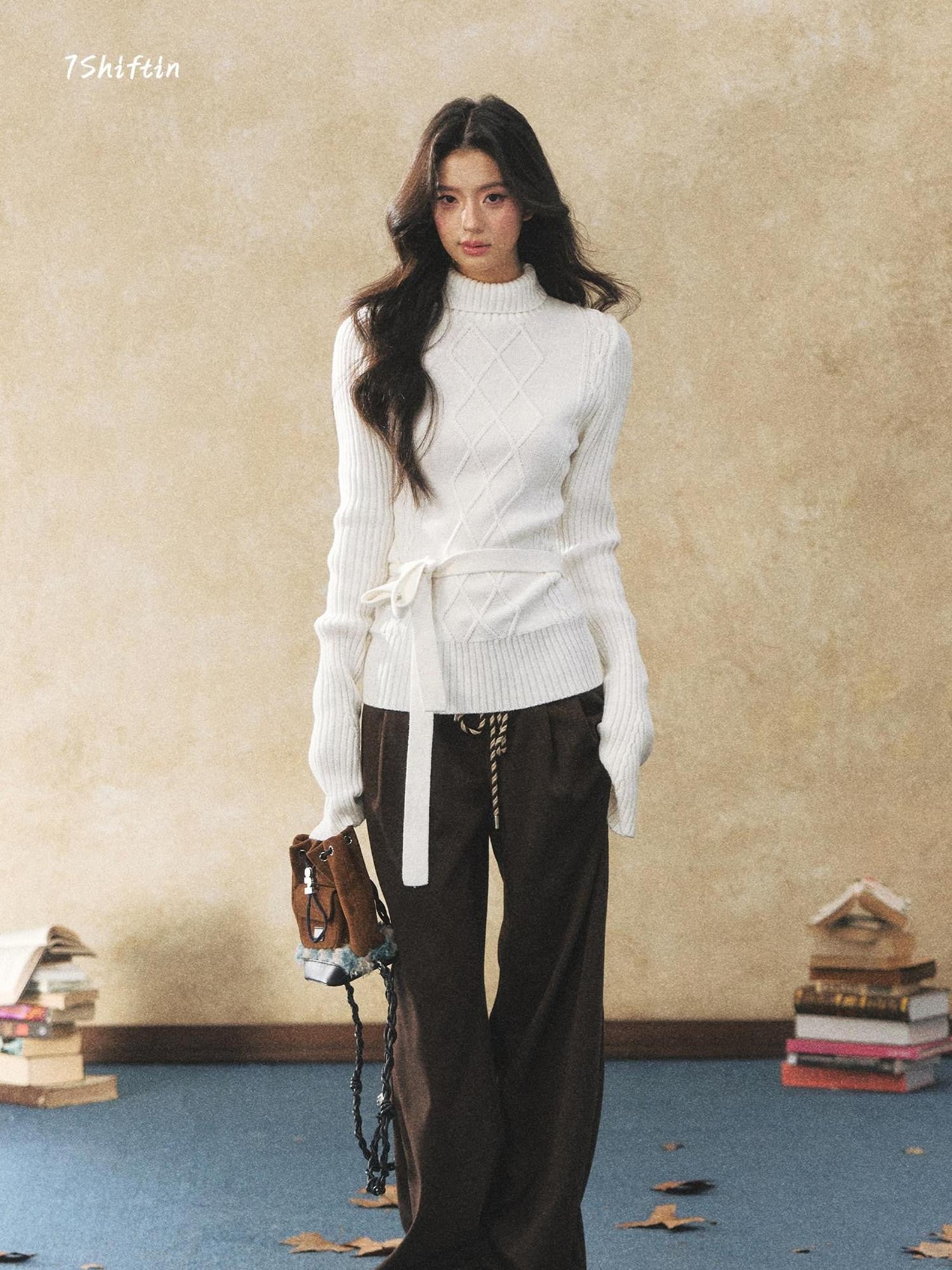 7Shiftin Cozy Belted High Neck Slim Fit Cable Diamond Knit Long Sleeve Women Sweaters