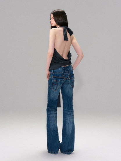 The NeverMore Slight Stretch Low Rise Slim Cotton Casual Women Deep Blue Straight Leg Jeans