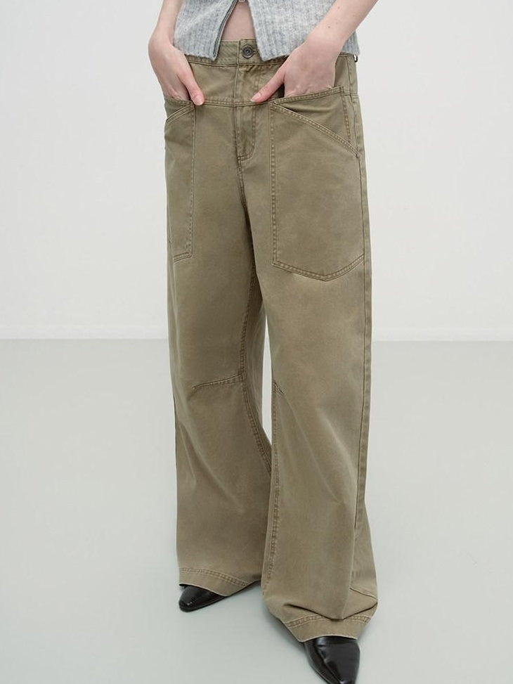 RUN TO THE FUTURE Washed Cotton Khaki Cargo Pockets Loose Mid Rise Zip Fly Casual Straight Pants