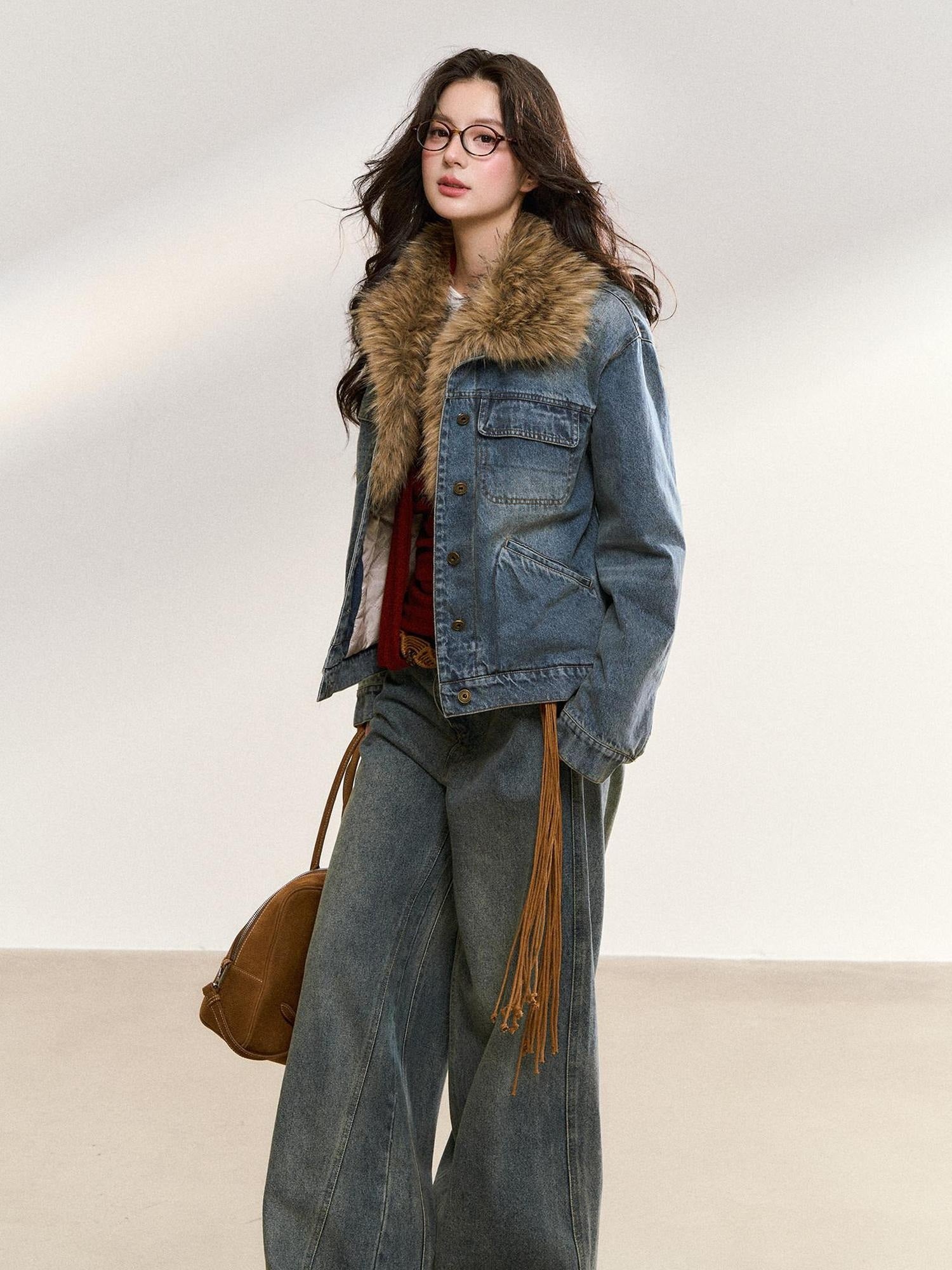 7Shiftin Warm Detachable Fur Collar Casual Cropped Women Long Sleeve Denim Jackets