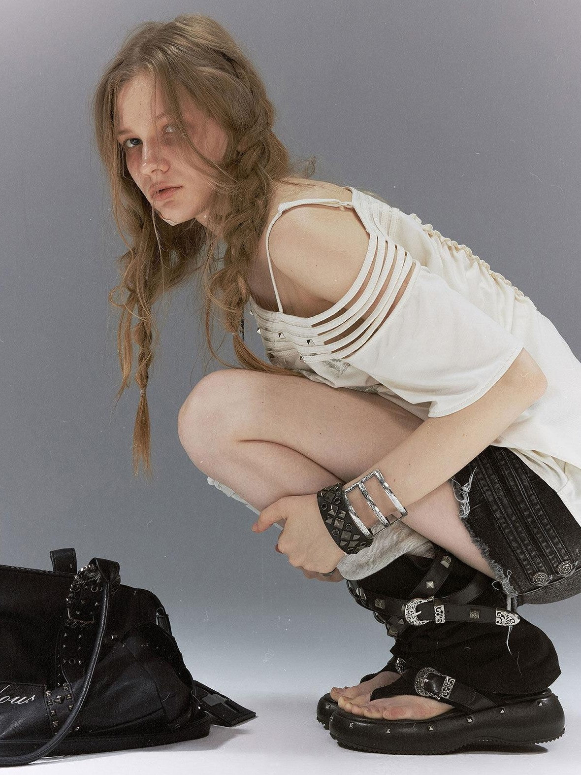 Cest Nous Grunge Punk Studded Dual Strap Detachable Women&