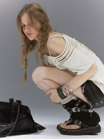 Cest Nous Grunge Punk Studded Dual Strap Detachable Women&