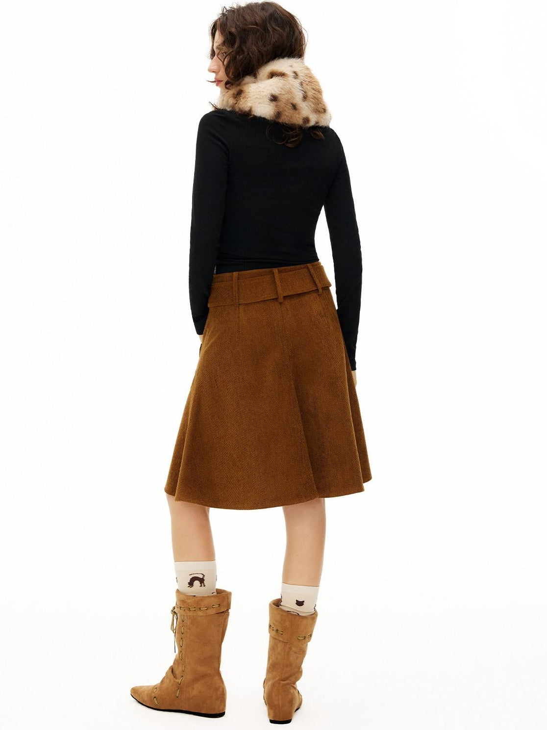 OuttheBlue Handsewn Embroidery Minimalist A Line Mid Waist Caramel Polyester Midi Skirts
