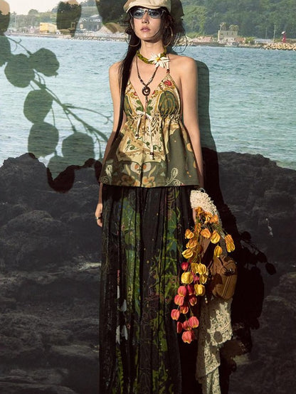 OfAkiva Bohemian Halter Tie Back Deep V Printed Slim Cropped Women&