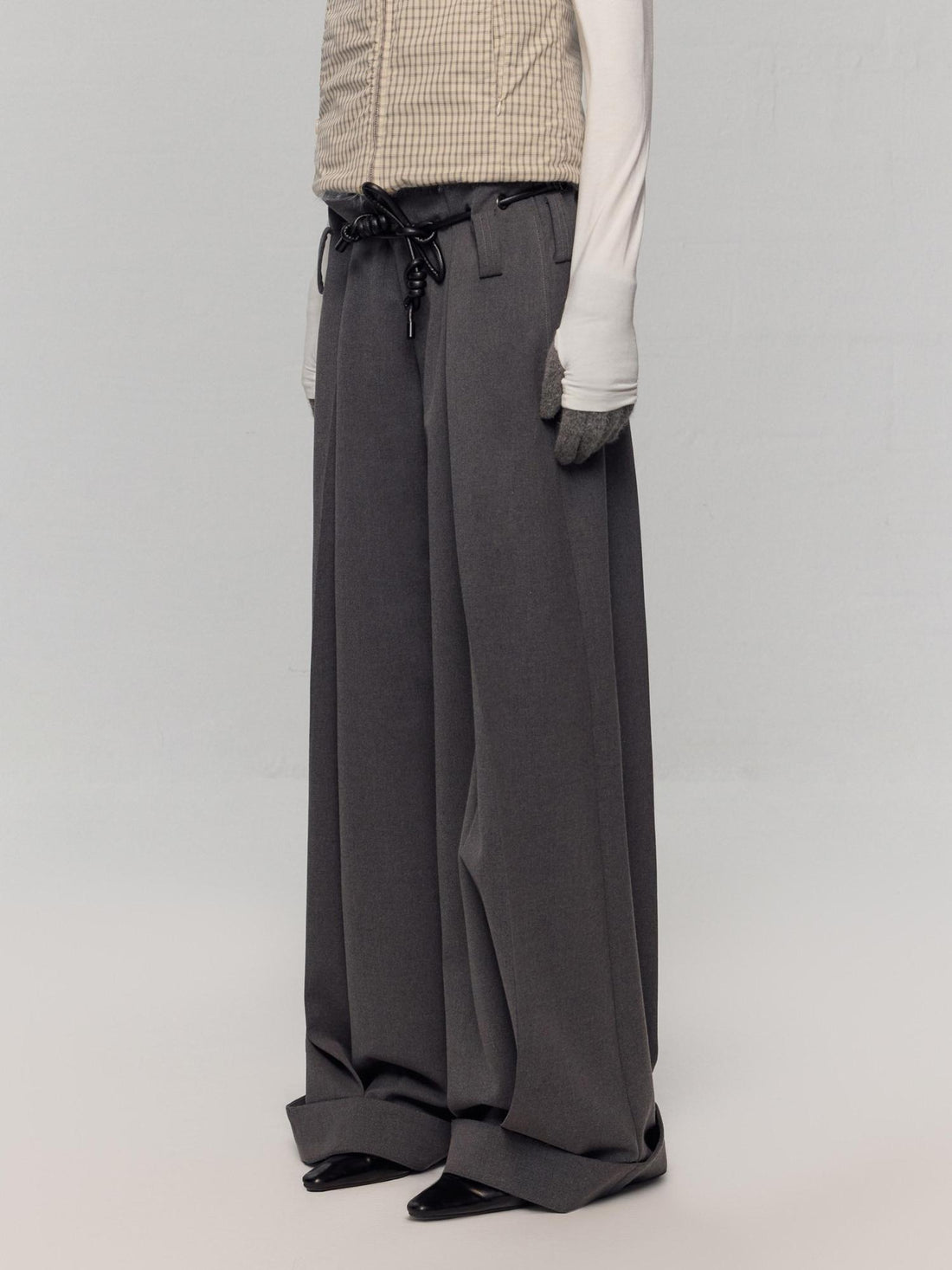 RUN TO THE FUTURE Minimalist Original Tie Detail Low Rise Zipper Women Rock Gray Wide-Leg Pants