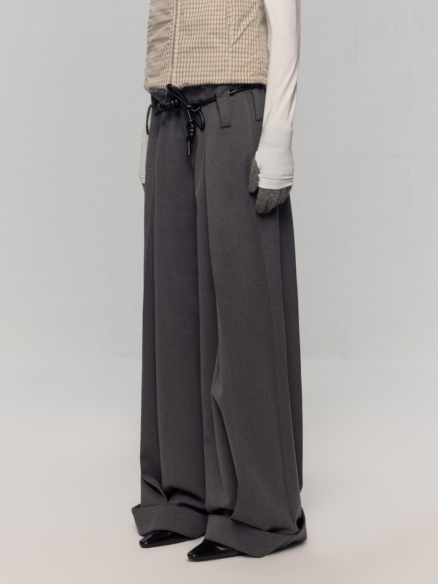 RUN TO THE FUTURE Minimalist Original Tie Detail Low Rise Zipper Women Rock Gray Wide-Leg Pants