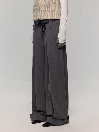 RUN TO THE FUTURE Minimalist Original Tie Detail Low Rise Zipper Women Rock Gray Wide-Leg Pants