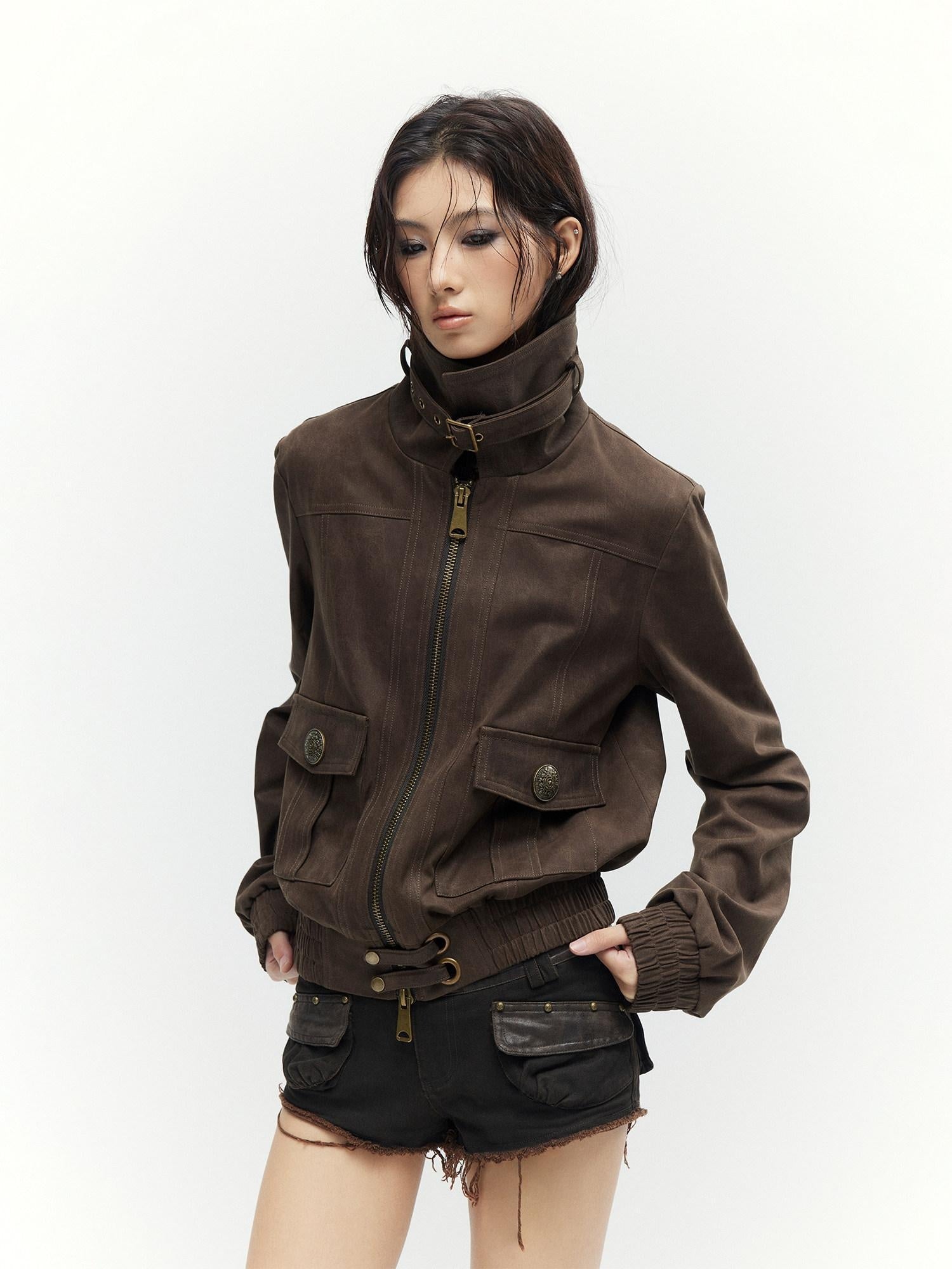Low pixel Metal Trim Vintage Standard Womens Brown Zip Lapel Cropped Jackets