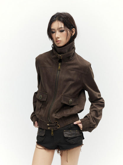 Low pixel Metal Trim Vintage Standard Womens Brown Zip Lapel Cropped Jackets