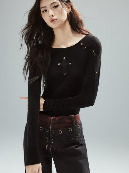 Low pixel Slim Fit Patchwork Casual Crewneck Black Stretch Young Women Long Sleeve T-Shirts