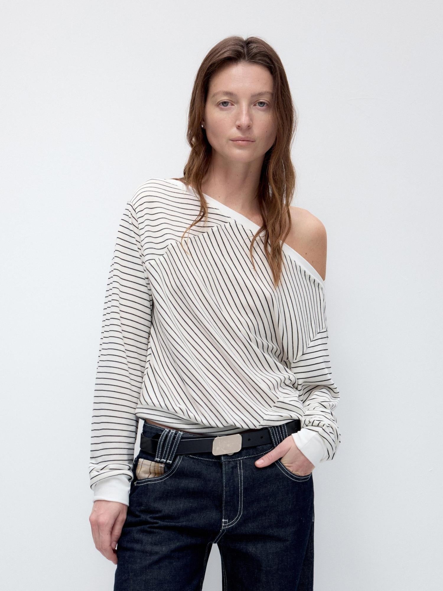 RUN TO THE FUTURE Lyocell Wool Blend Loose Fit Slanted Neck Striped Long Sleeve T-Shirts
