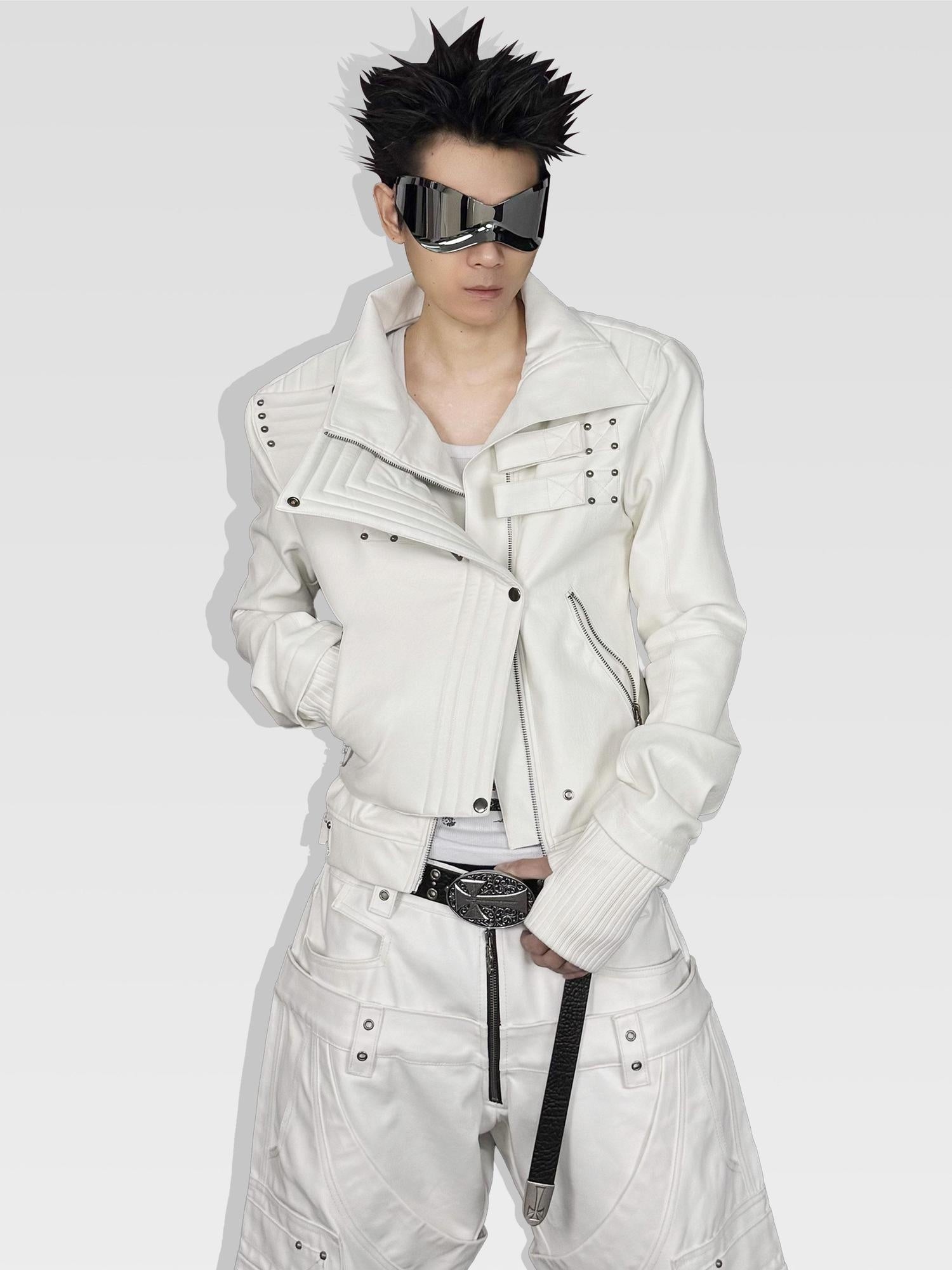 ATAnothingness Windproof Pu Cropped Zip Long Sleeve Silver Moon White Leather Jackets