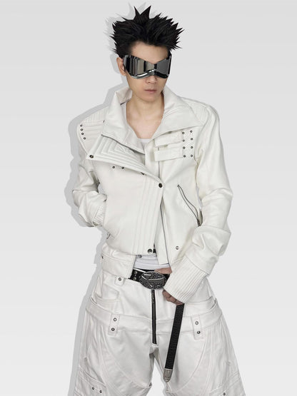 ATAnothingness Windproof Pu Cropped Zip Long Sleeve Silver Moon White Leather Jackets