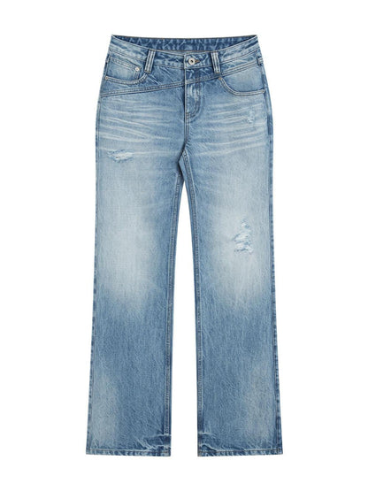 RUN TO THE FUTURE Ripped Low Rise Wide Leg Casual Loose Fit Vintage Ice Blue Denim Straight Jeans