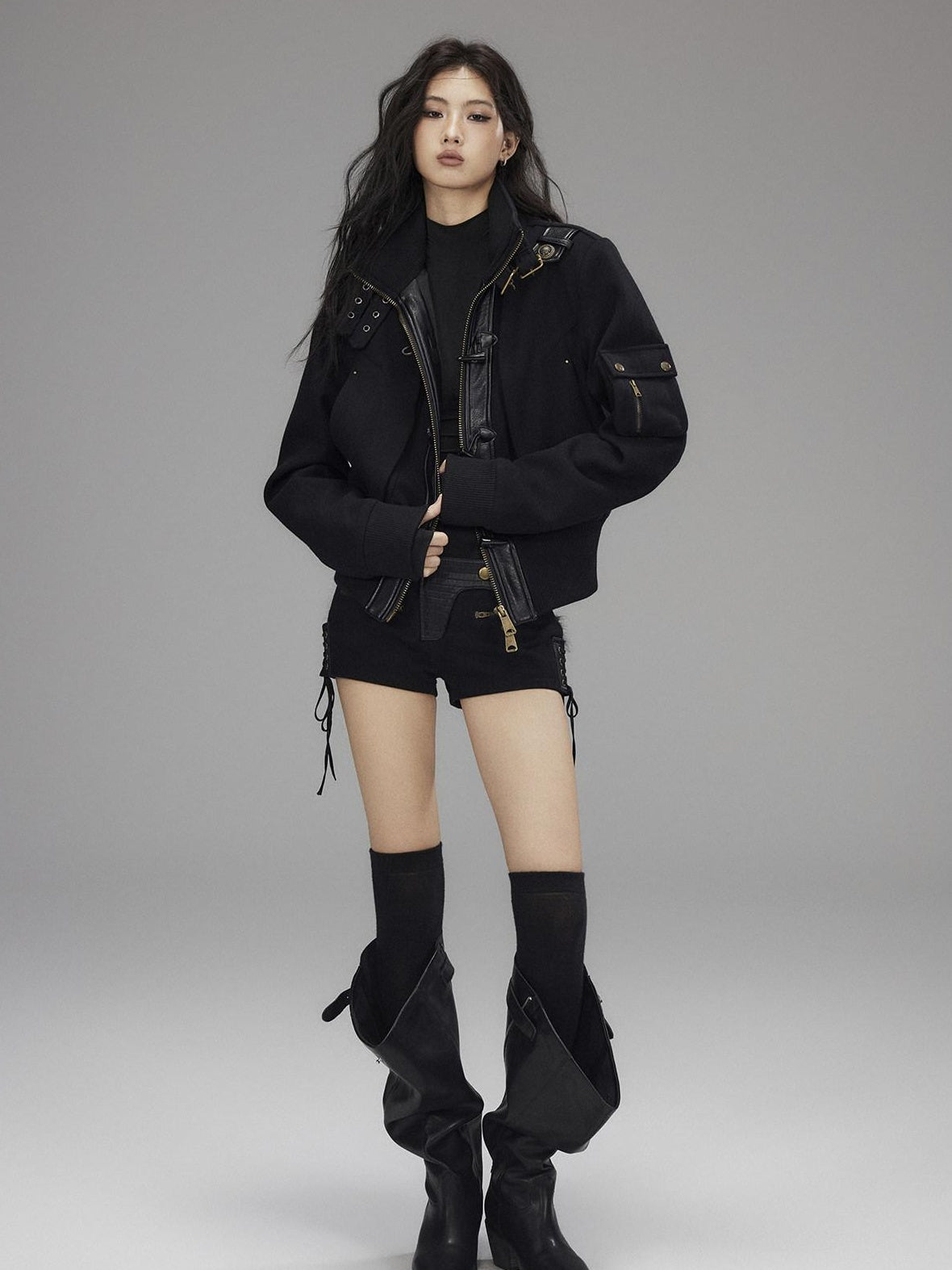 Low pixel Thick Wool Blend Slim Fit Street Hippie Stand Collar Black Cropped Jackets