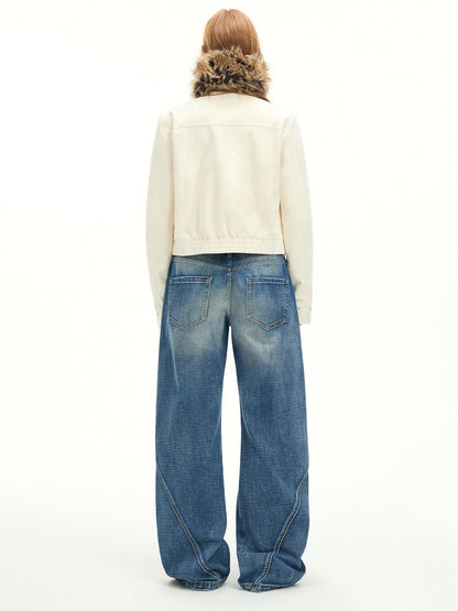 RUN TO THE FUTURE Vintage Washed Low Rise Cotton Boxy Women Zip Fly Nostalgic Blue Straight Jeans