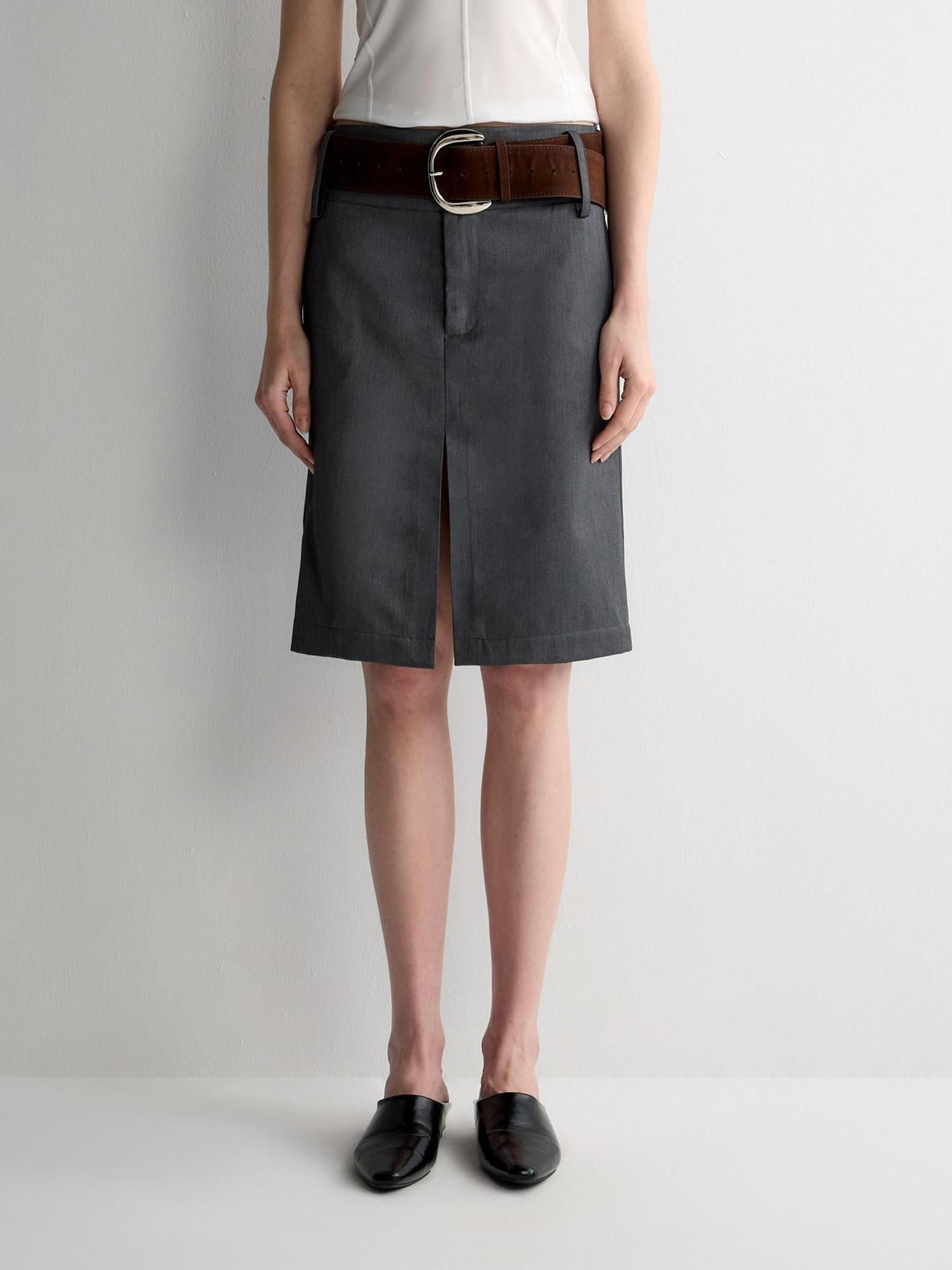 RUN TO THE FUTURE Lined Wool Blend Low Waist Pockets Vintage Office H Silhouette Midi Skirts