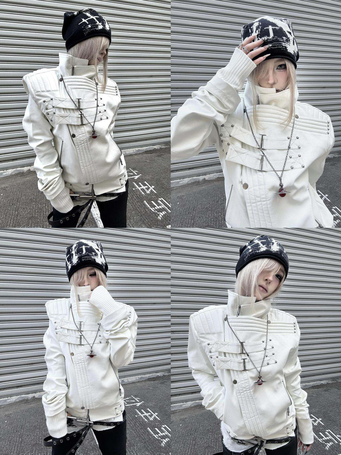 ATAnothingness Windproof Pu Cropped Zip Long Sleeve Silver Moon White Leather Jackets