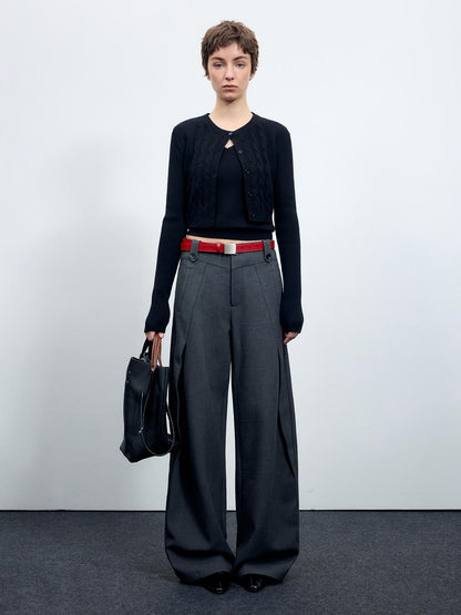 RUN TO THE FUTURE Flattering Mid Rise Minimalist Straight Cut Office Gray Black Wide-Leg Pants