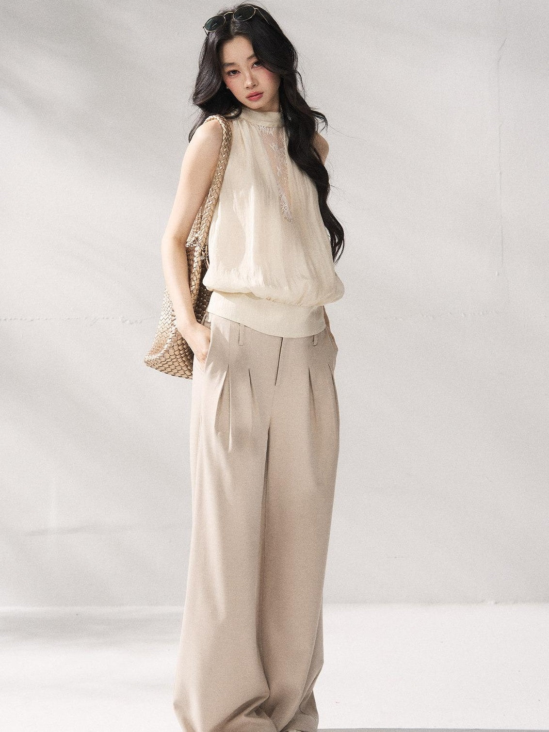 7Shiftin Soft Lyocell Loose Halter High Neck Short Beige Womens Off Shoulder Crop Tops