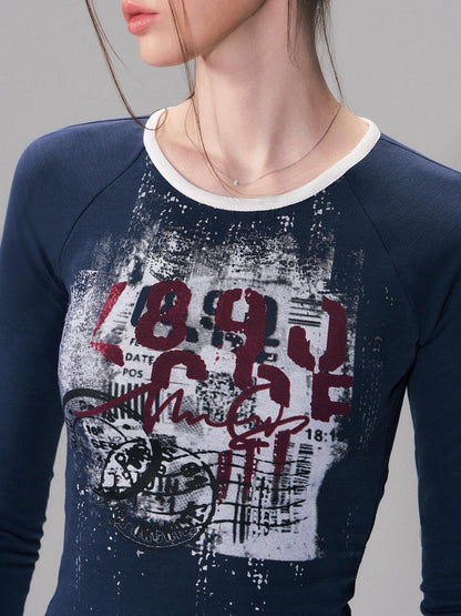 The NeverMore Cotton Blend Letter Print American Slim Fit Cropped Women Long Sleeve T-Shirts