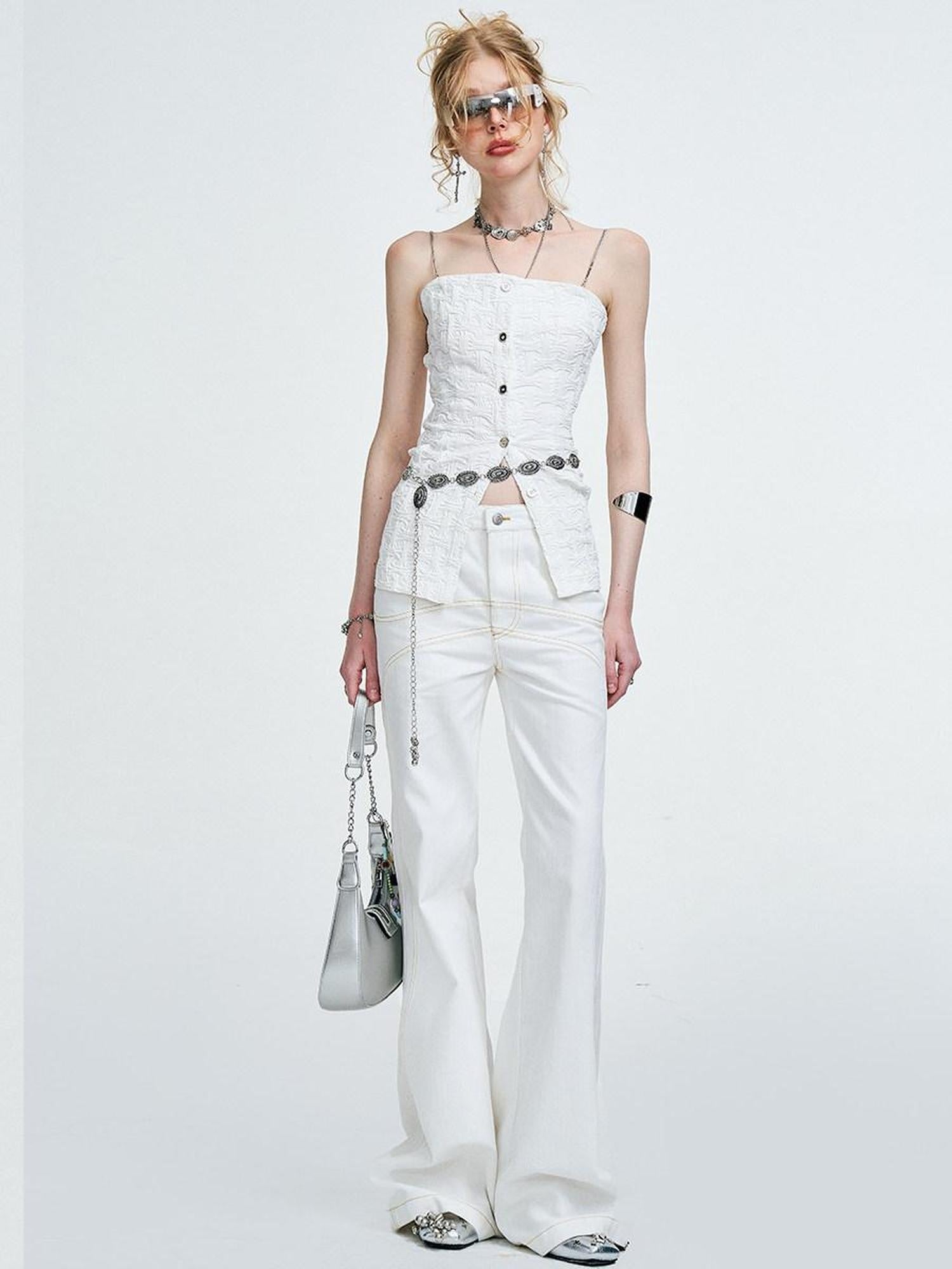 The NeverMore 3D Chain Ruffle Button Original Slim Fit Cotton Blend Solid White Camisoles