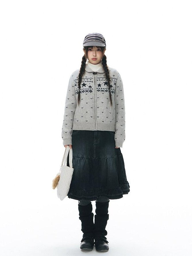 NAPSNAPS Vintage Fair Isle Star Knit Turndown Collar Women&