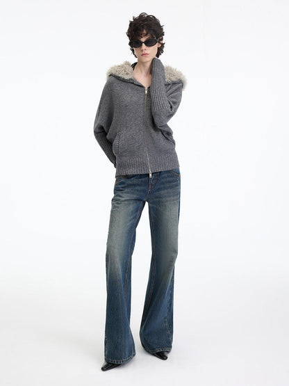 RUN TO THE FUTURE Soft Wool Blend Hooded Patchwork Vintage Loose Fit Zipper Knit Cardigans