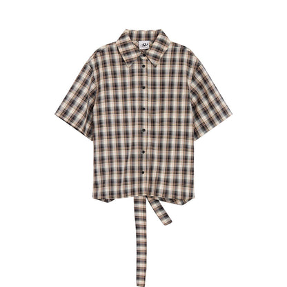 RUN TO THE FUTURE Skin Friendly Breathable Vintage Slim Tie Women Plaid Button Collar Shirts