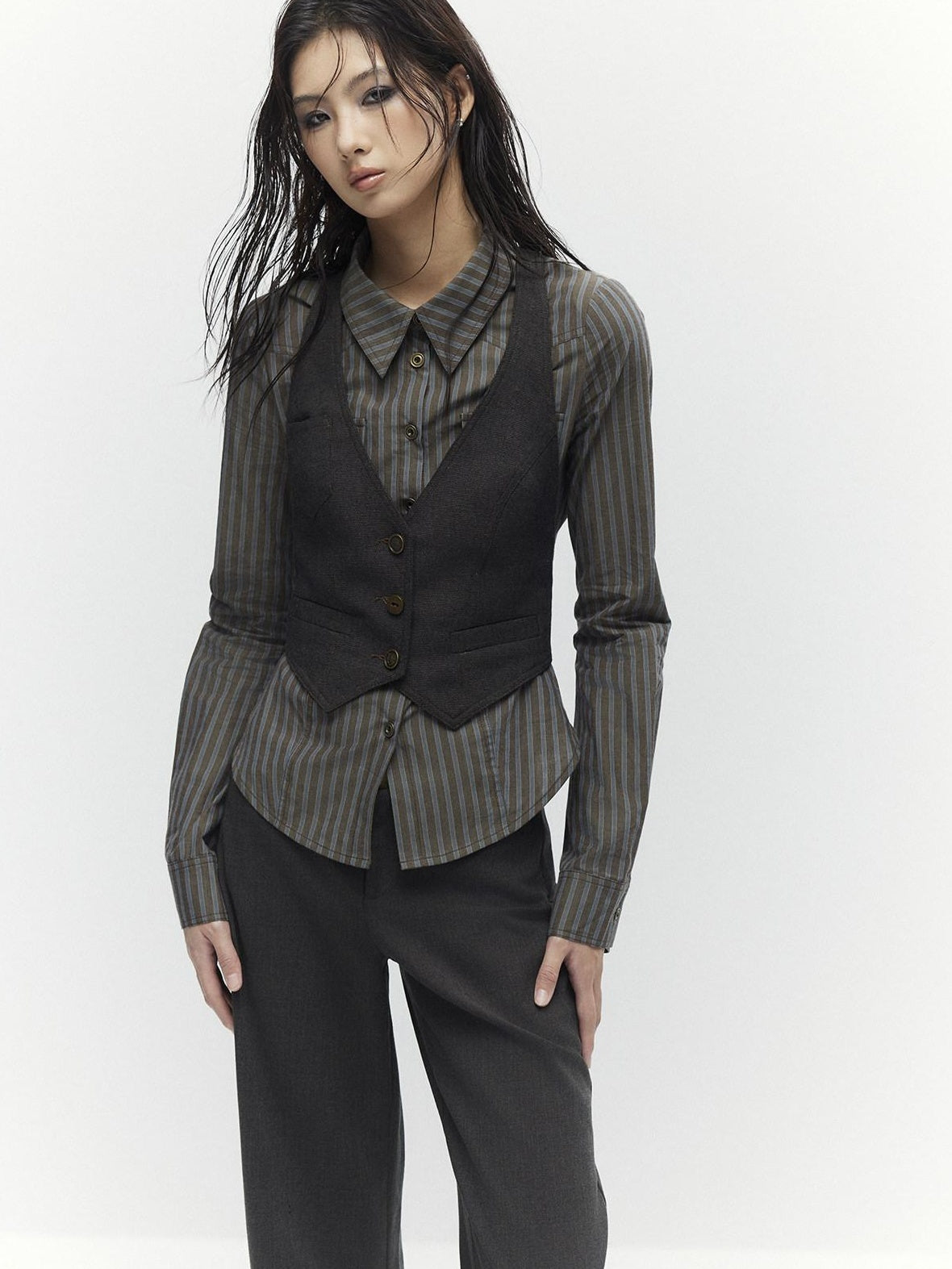 Low pixel Breathable Cotton Vintage Fitted Striped Button Long Sleeve Women Shirts
