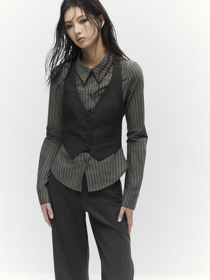 Low pixel Breathable Cotton Vintage Fitted Striped Button Long Sleeve Women Shirts